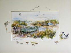 Barque avec oiseaux des marais